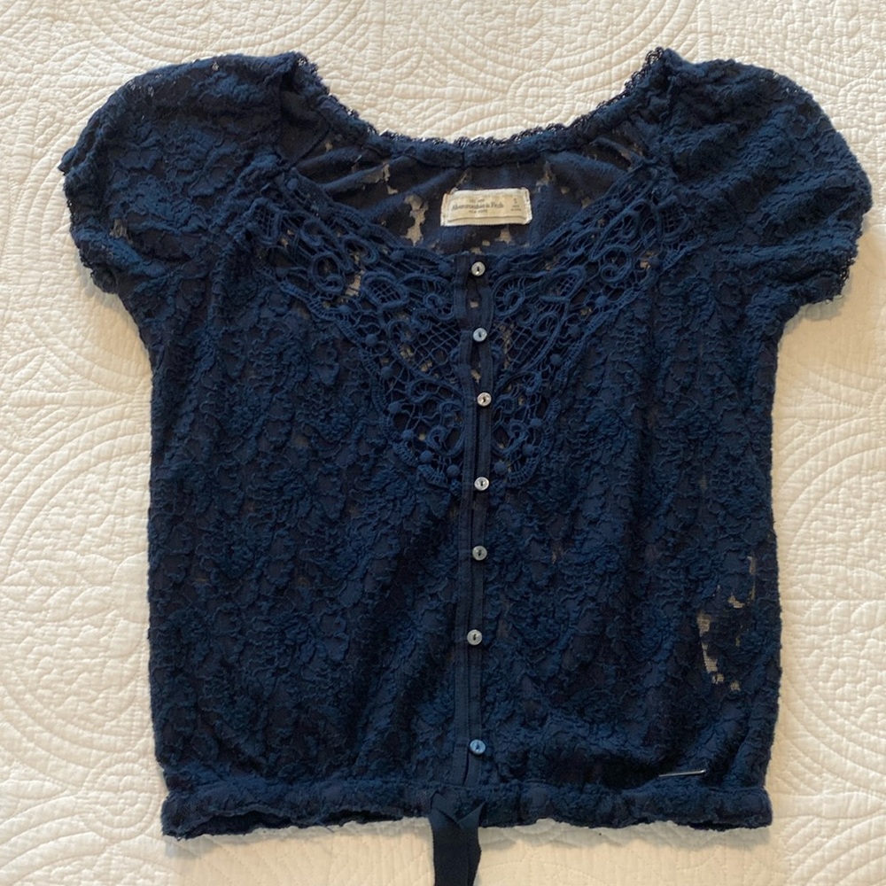Abercrombie & Fitch Navy Blue Ruffle KNIT Cap Sleeve Lightweight Top Sz Small